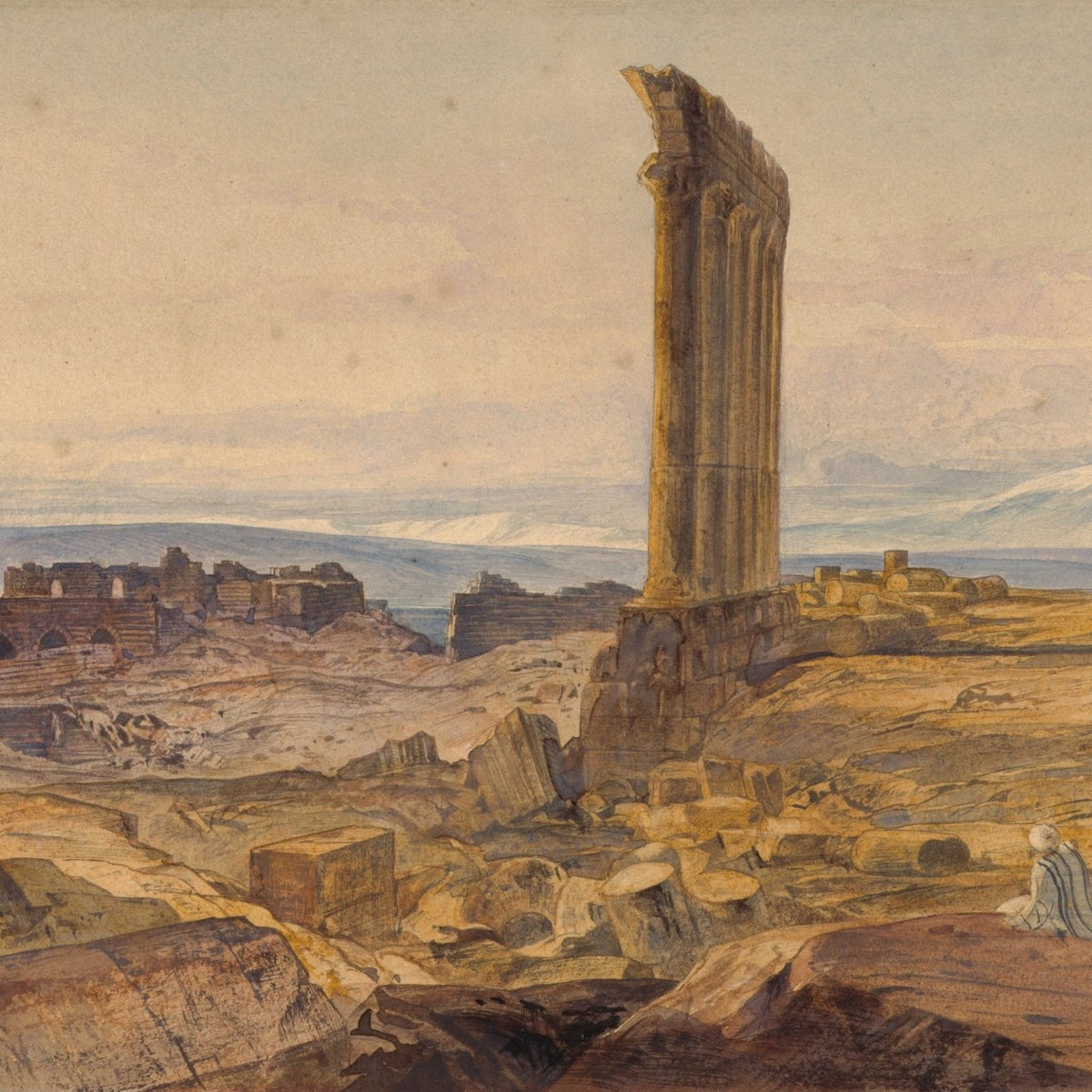 Landscape oil painting of ancient desert ruins featuring a solitary broken column, hand painted oil on canvas with rich. - Add Frame, Architecture, Canvas, Desert, Hand Painted, Landscape, Made To Order, Oil Painting