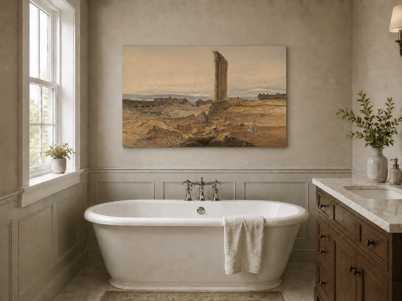 Hand-painted ancient ruins with a column in the desert landscape oil painting displayed in a bathroom interior above a bathtub.