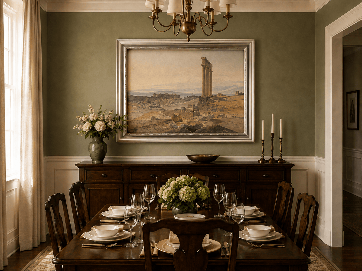 Hand-painted ancient ruins with a column in the desert landscape oil painting displayed in a dining room interior.