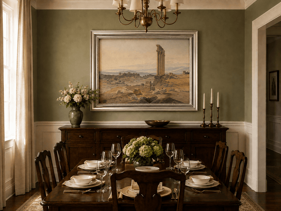Hand-painted ancient ruins with a column in the desert landscape oil painting displayed in a dining room interior.