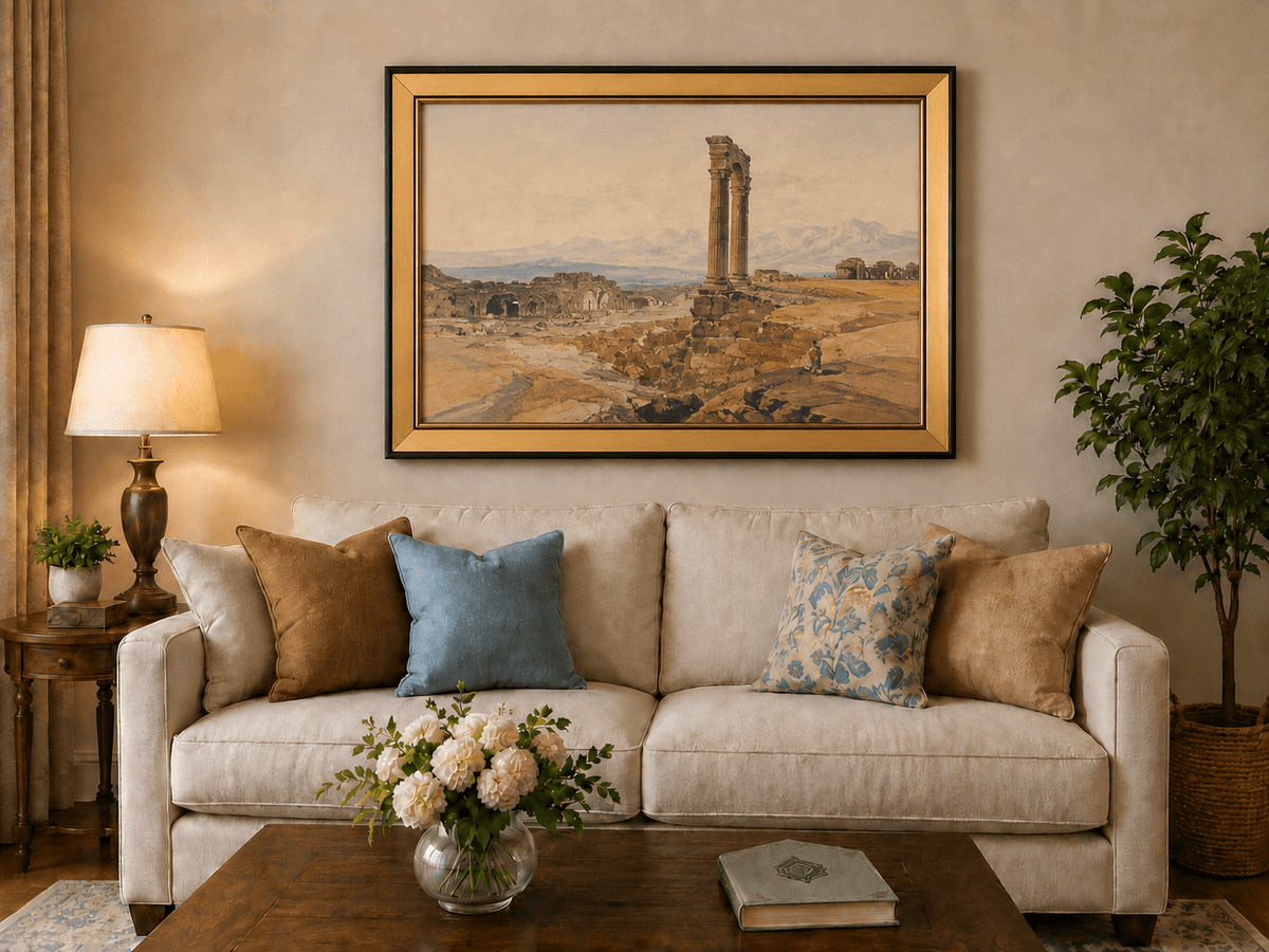 Hand-painted ancient ruins with a column in the desert landscape oil painting displayed above a sofa in a living room interior.