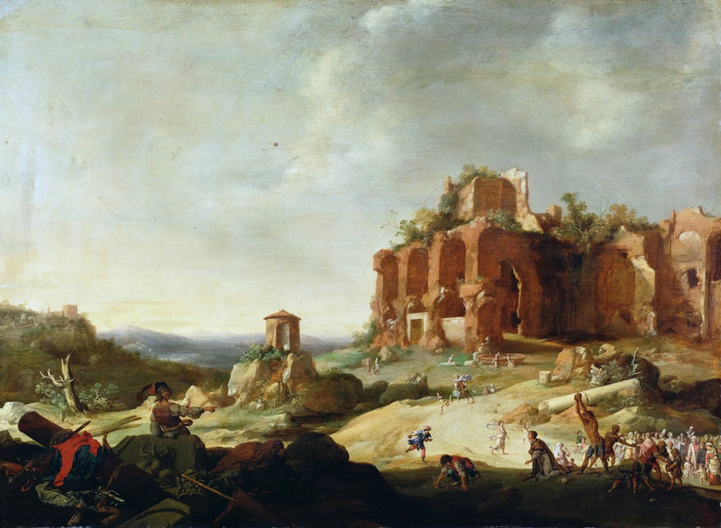 Landscape Oil Painting - Ancient Ruins with Figures & Activities - Oil Painting Haven