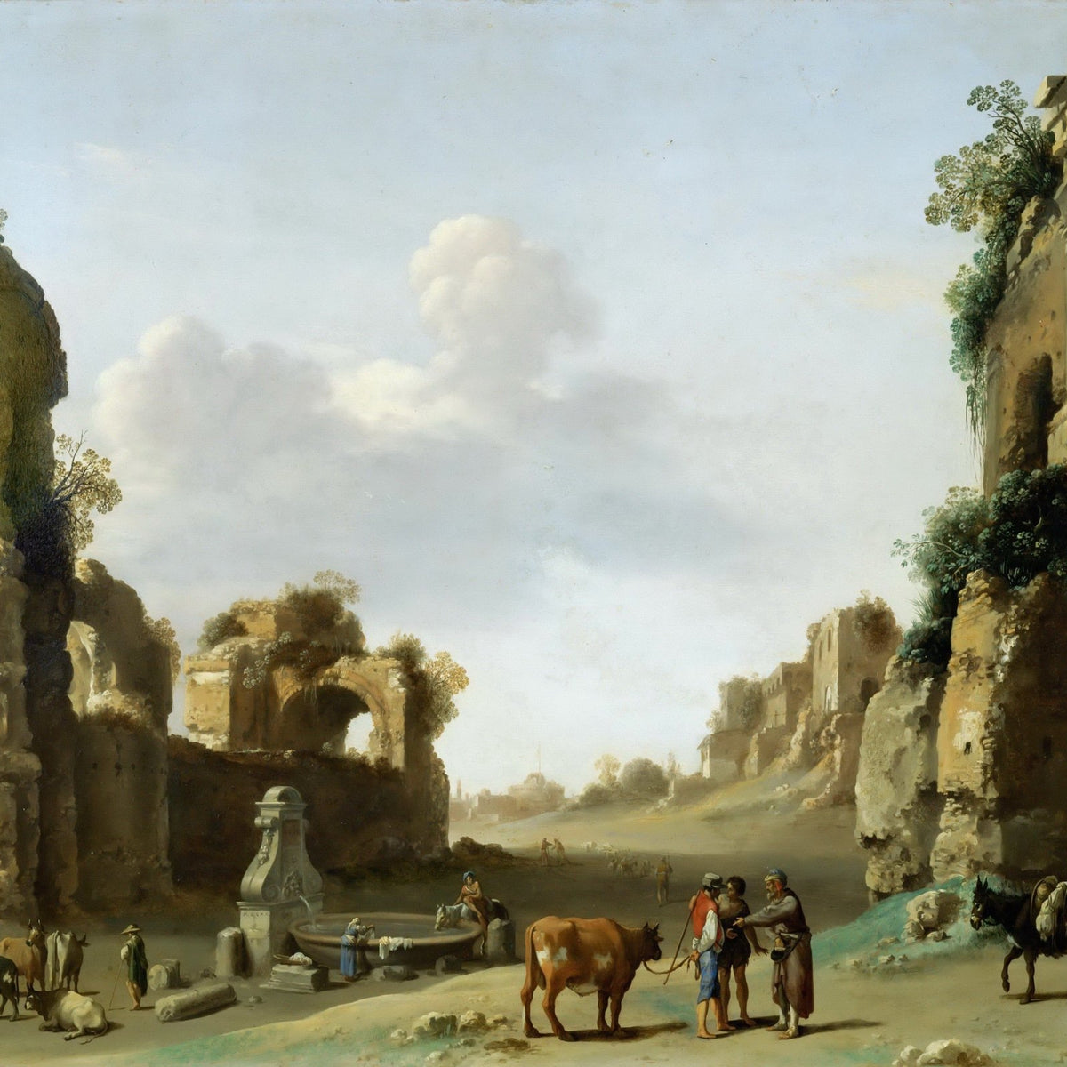 Landscape Oil Painting - Ancient Ruins with Figures, Cattle - Oil Painting Haven