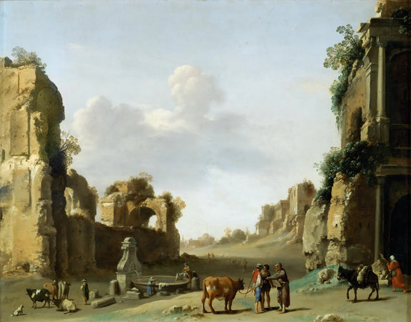 Landscape Oil Painting - Ancient Ruins with Figures, Cattle - Oil Painting Haven