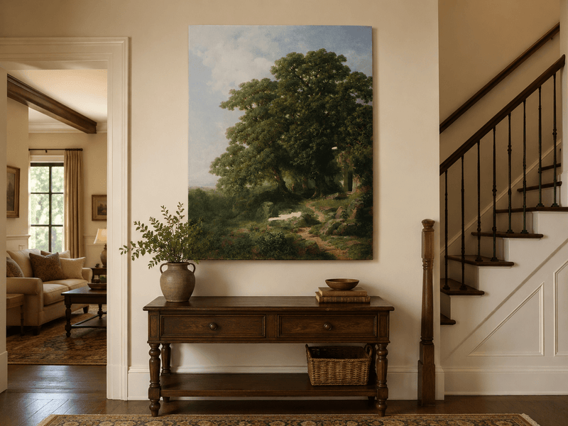 Landscape Oil Painting - Ancient Trees, Woodland Path with Chapel