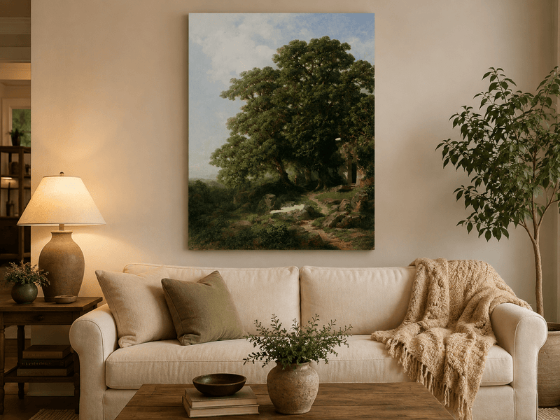 Landscape Oil Painting - Ancient Trees, Woodland Path with Chapel