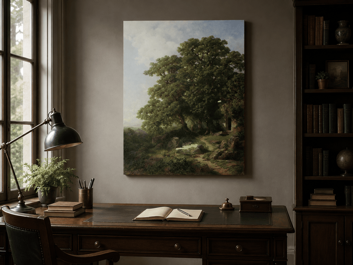 Landscape Oil Painting - Ancient Trees, Woodland Path with Chapel