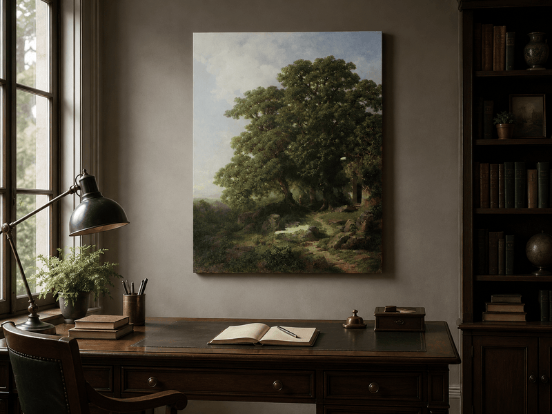 Landscape Oil Painting - Ancient Trees, Woodland Path with Chapel