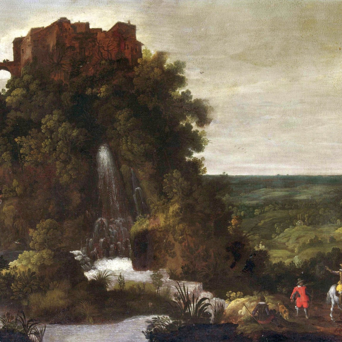 Hand-painted ancient waterfall ruins and riders at dusk landscape oil painting on canvas