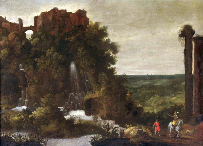 Hand-painted ancient waterfall ruins and riders at dusk landscape oil painting on canvas