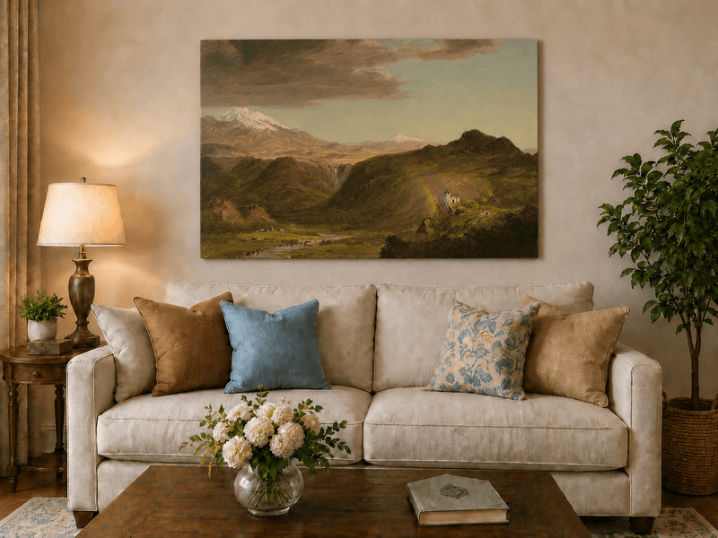 Waterfall and chapel mountain scene hand-painted oil artwork displayed in a second interior view.