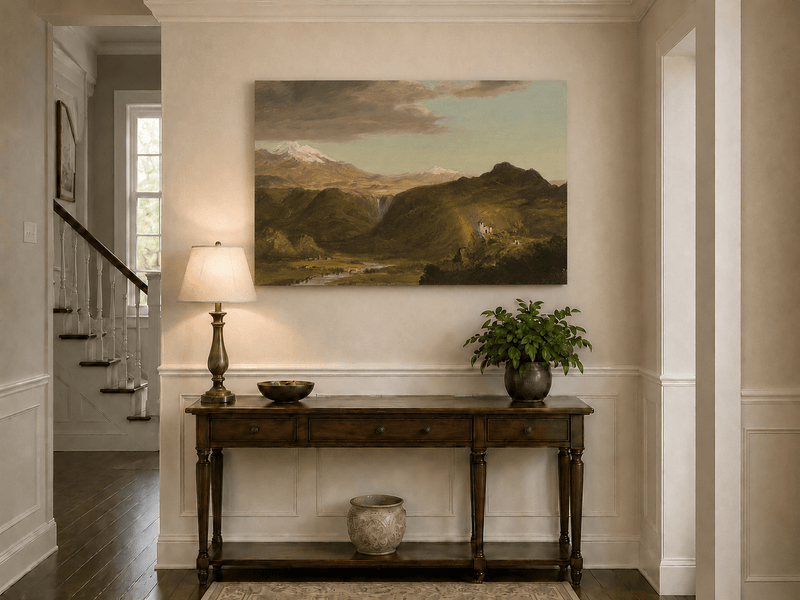 Andean valley landscape painting shown as decorative oil wall art.