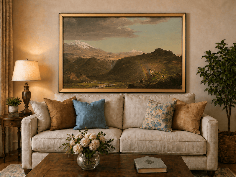 Andean landscape with waterfall and chapel displayed as a hand-painted oil painting in a styled home interior.