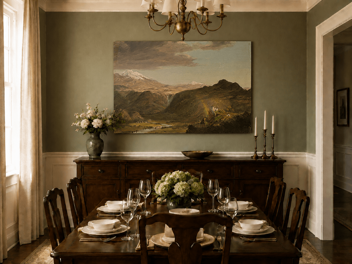 Hand-painted mountain chapel and waterfall landscape artwork in an interior display.