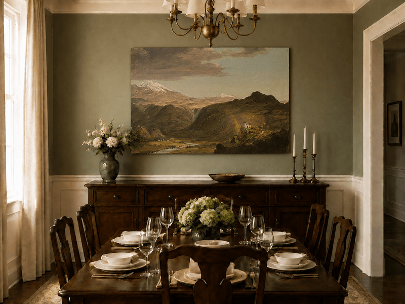 Hand-painted mountain chapel and waterfall landscape artwork in an interior display.