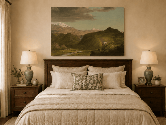 Andean waterfall and chapel oil painting displayed as landscape wall decor.