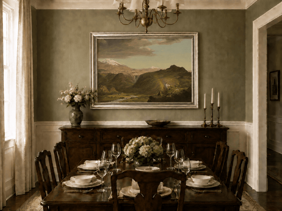 Andean mountain valley and waterfall oil landscape artwork shown in a styled home interior.
