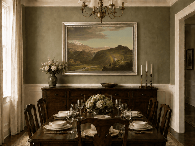 Andean mountain valley and waterfall oil landscape artwork shown in a styled home interior.