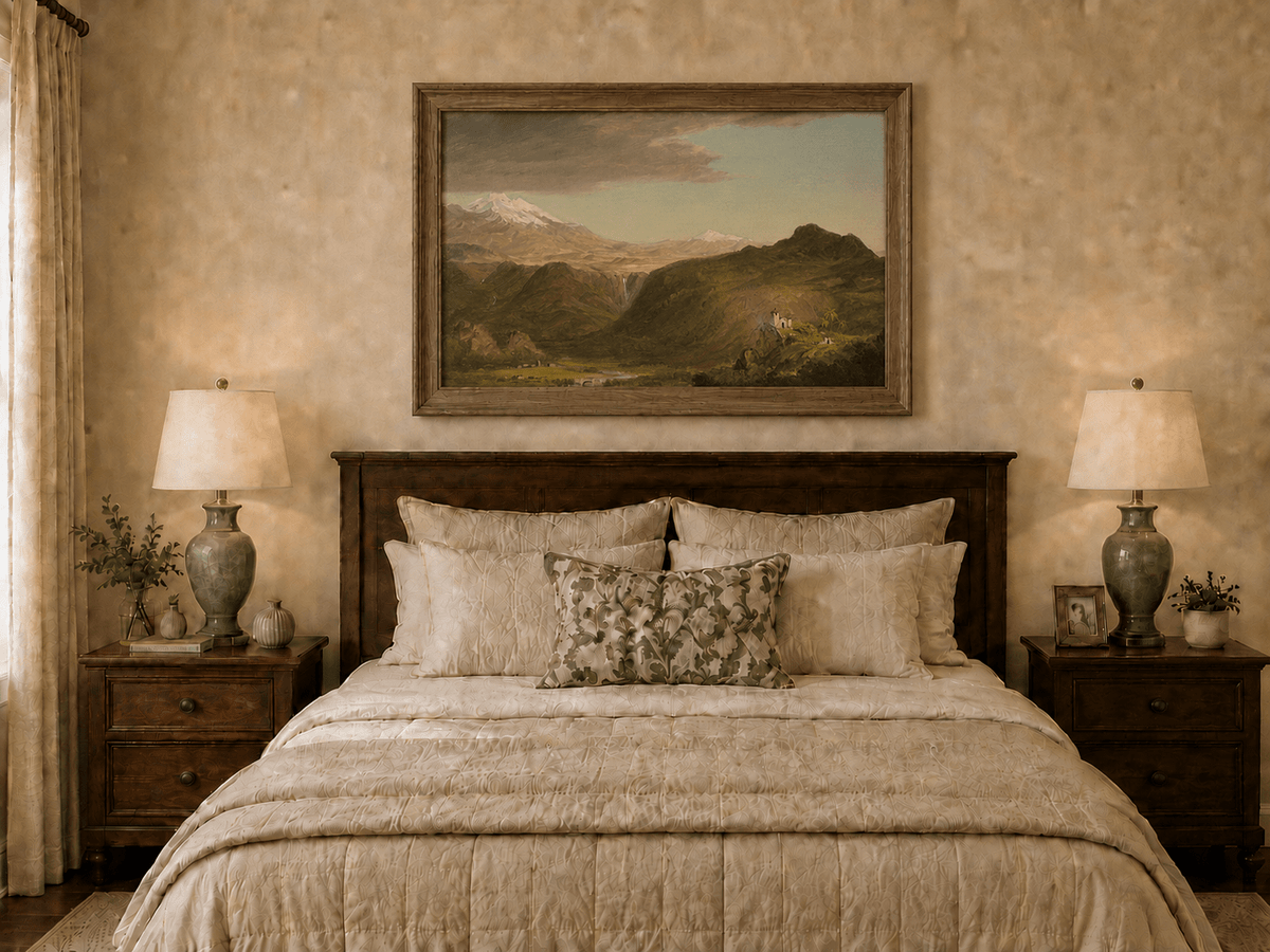 Hand-painted Andean waterfall and chapel displayed as decorative wall art.