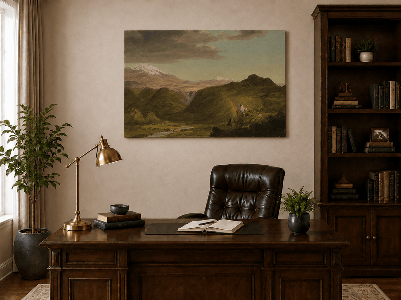 Interior wall art view featuring an Andean waterfall, chapel and mountain valley oil painting.