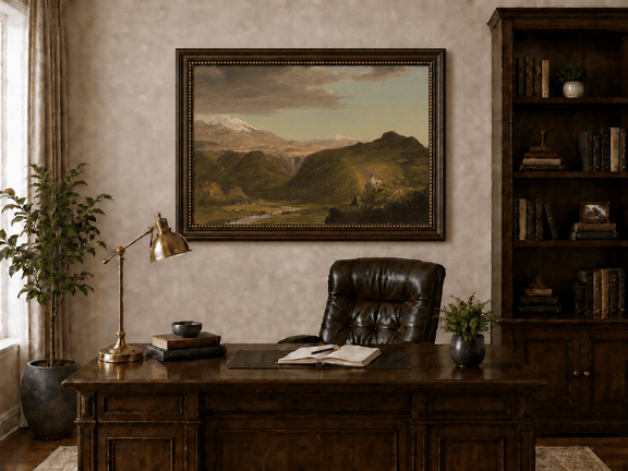 Mountain chapel beside an Andean waterfall landscape oil painting presented in an interior wall art mockup.