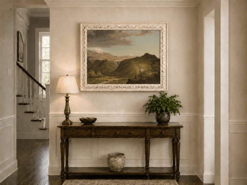 Andean waterfall, chapel and mountain valley hand-painted oil artwork shown as home wall decor.