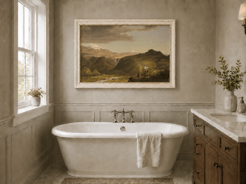 Andean mountain landscape oil painting presented as interior home decor.