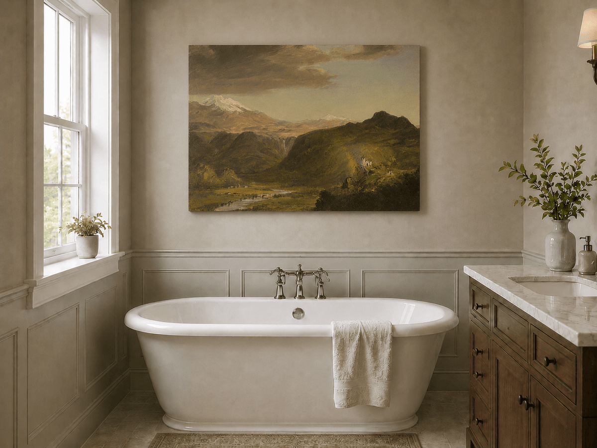 Andean landscape with waterfall and chapel presented as styled home decor.