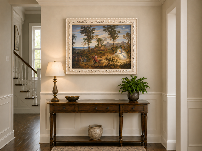 Hand-painted Angel and Traveler in Classical Landscape landscape oil painting displayed as wall art in a styled interior