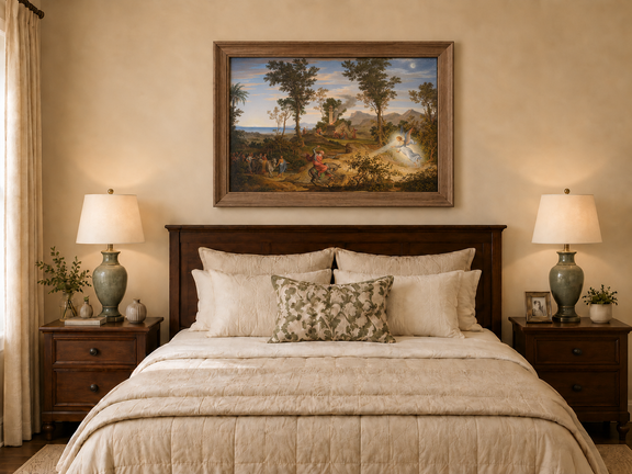 Hand-painted Angel and Traveler in Classical Landscape landscape oil painting displayed as wall art in a styled interior