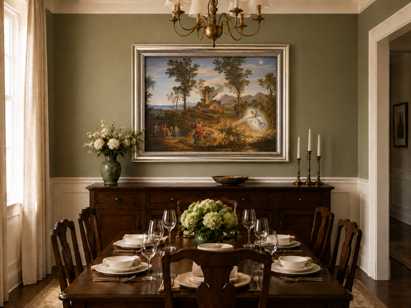 Hand-painted Angel and Traveler in Classical Landscape landscape oil painting displayed as wall art in a styled interior