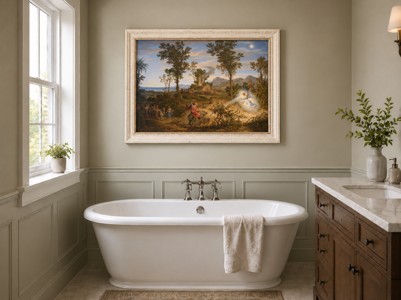 Hand-painted Angel and Traveler in Classical Landscape landscape oil painting displayed as wall art in a styled interior