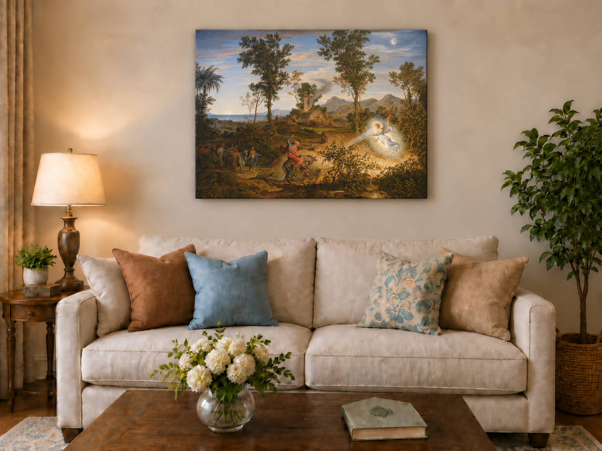 Hand-painted Angel and Traveler in Classical Landscape landscape oil painting displayed as wall art in a styled interior