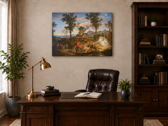 Hand-painted Angel and Traveler in Classical Landscape landscape oil painting displayed as wall art in a styled interior