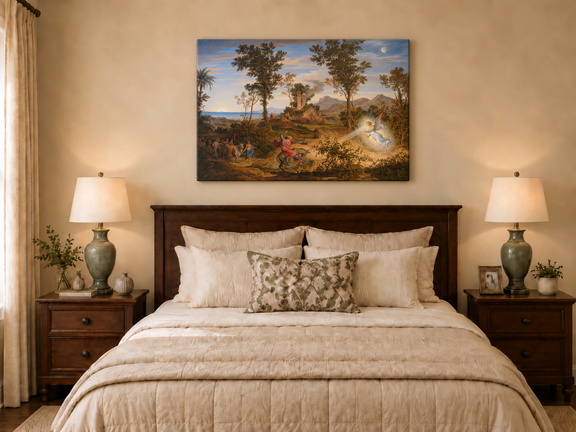 Hand-painted Angel and Traveler in Classical Landscape landscape oil painting displayed as wall art in a styled interior