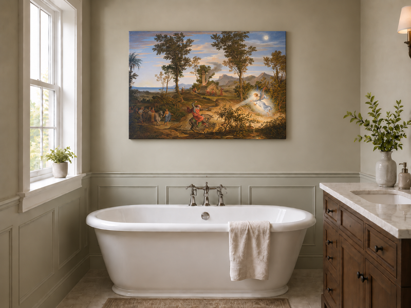 Hand-painted Angel and Traveler in Classical Landscape landscape oil painting displayed as wall art in a styled interior