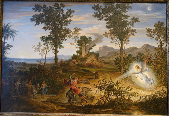 Hand-painted angel and traveler in classical landscape oil painting on canvas