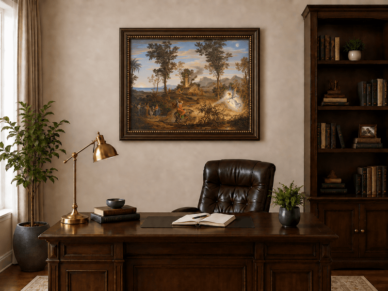 Hand-painted Angel and Traveler in Classical Landscape landscape oil painting displayed as wall art in a styled interior