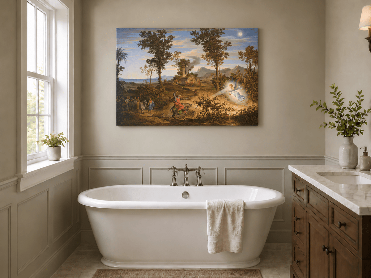 Hand-painted Angel and Traveler in Classical Landscape landscape oil painting displayed as wall art in a styled interior