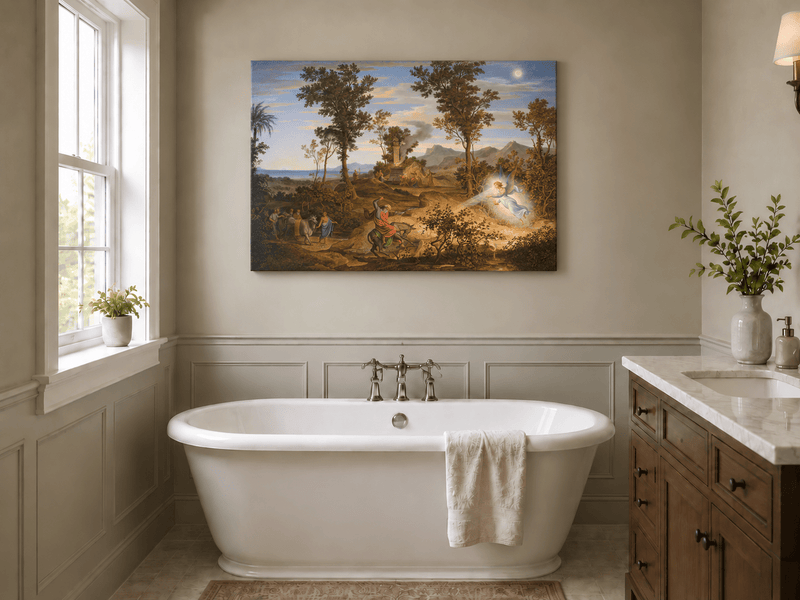 Hand-painted Angel and Traveler in Classical Landscape landscape oil painting displayed as wall art in a styled interior
