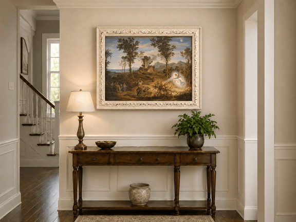 Hand-painted Angel and Traveler in Classical Landscape landscape oil painting displayed as wall art in a styled interior