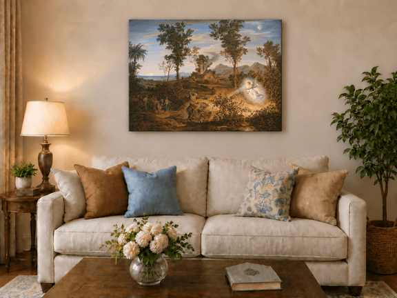 Hand-painted Angel and Traveler in Classical Landscape landscape oil painting displayed as wall art in a styled interior