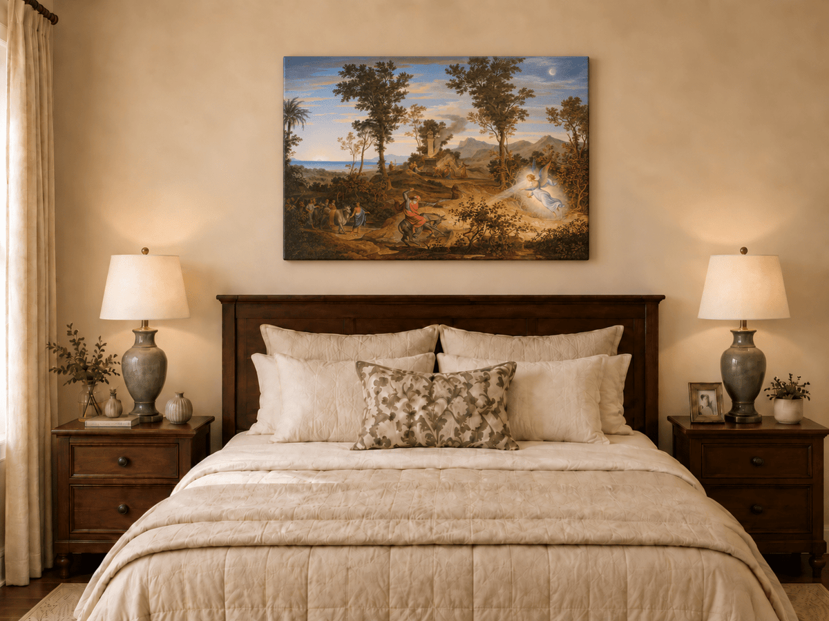 Hand-painted Angel and Traveler in Classical Landscape landscape oil painting displayed as wall art in a styled interior