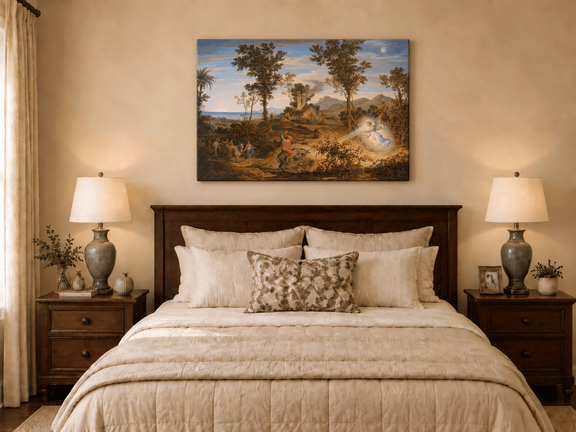 Hand-painted Angel and Traveler in Classical Landscape landscape oil painting displayed as wall art in a styled interior