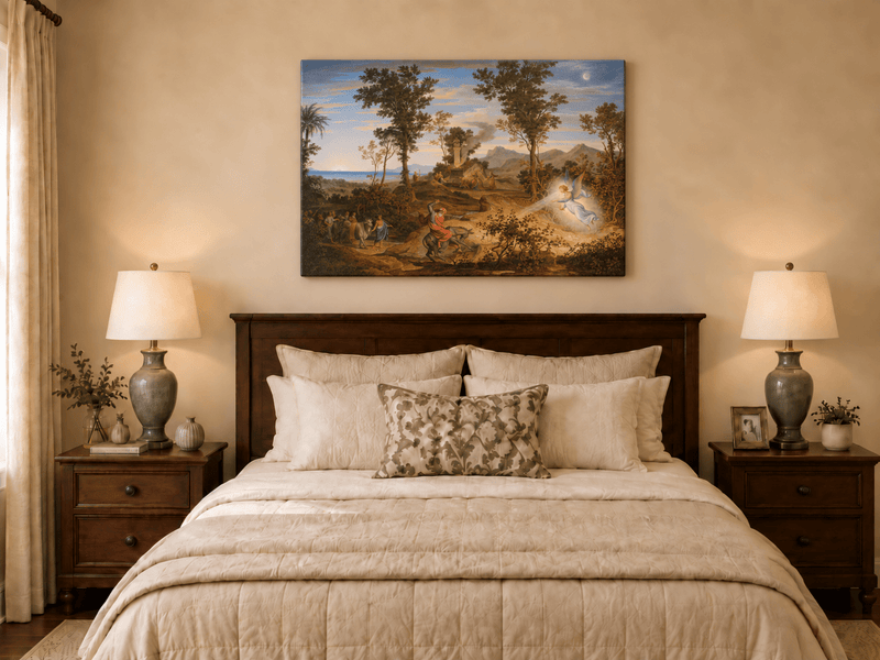 Hand-painted Angel and Traveler in Classical Landscape landscape oil painting displayed as wall art in a styled interior