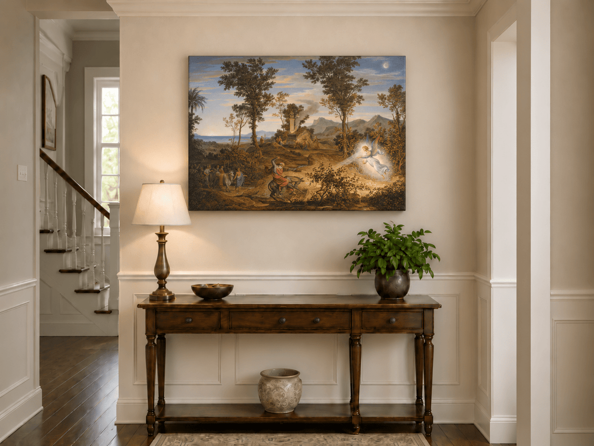 Hand-painted Angel and Traveler in Classical Landscape landscape oil painting displayed as wall art in a styled interior