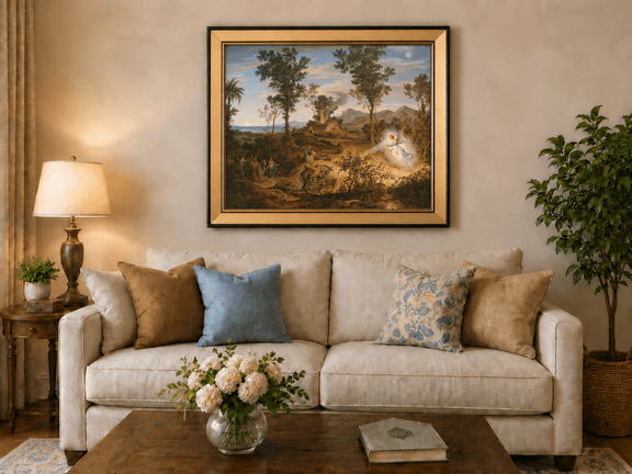 Hand-painted Angel and Traveler in Classical Landscape landscape oil painting displayed as wall art in a styled interior