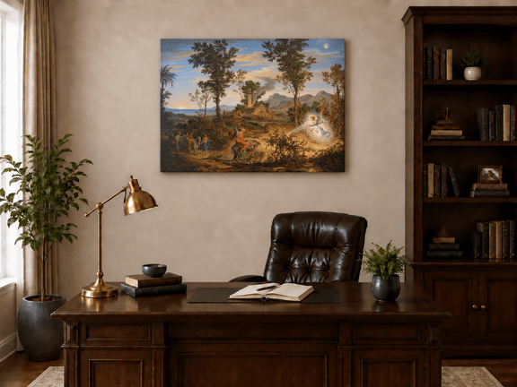Hand-painted Angel and Traveler in Classical Landscape landscape oil painting displayed as wall art in a styled interior