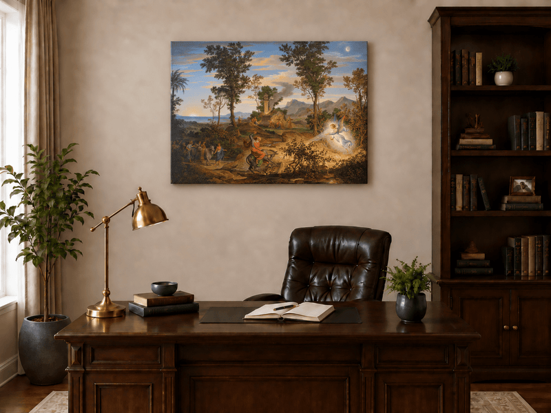 Hand-painted Angel and Traveler in Classical Landscape landscape oil painting displayed as wall art in a styled interior