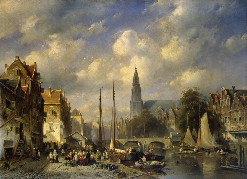 Hand-painted antwerp fish market and cathedral view landscape oil painting on canvas
